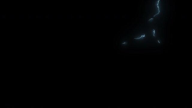 Realistic lightning bolts flashing and striking against a pure black background during a dramatic thunderstorm