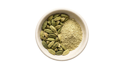 Fototapeta premium Green cardamom pods and ground cardamom powder in a bowl, organic aromatic culinary spices, top view on white background