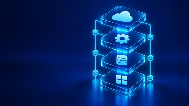 Vertical stack of glowing digital interface nodes representing cloud computing infrastructure enterprise database storage and software application layers