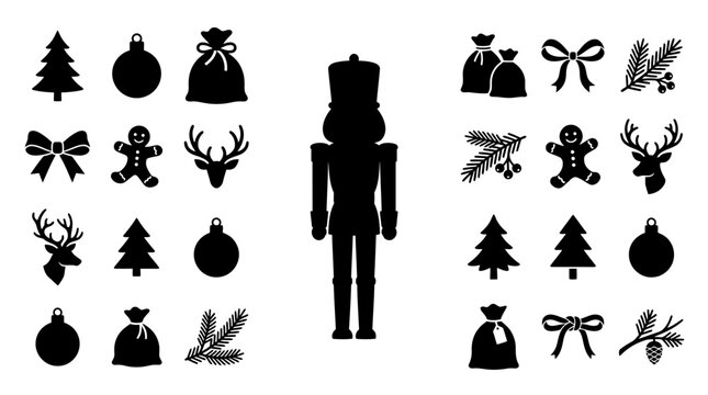 Christmas icons and nutcracker silhouette set for holiday card design