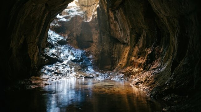 Sunlight streaming into a dark limestone cave with a tranquil underground pool of water and wet rocky cavern walls