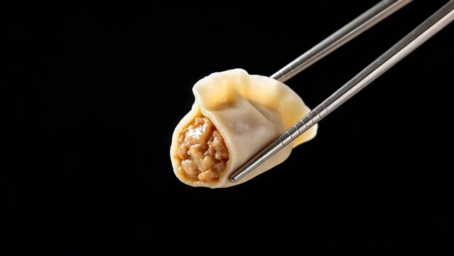Steamed Dumpling with Meat Filling Held by Chopsticks on Black Background