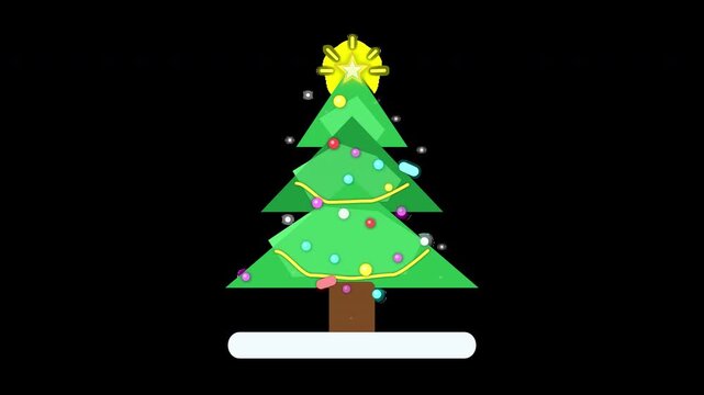 Cute cartoon Christmas tree with blinking colorful lights and glowing star on transparent background