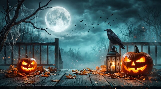 Halloween jack o lanterns with moonlit haunted house background