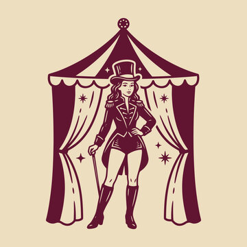Vintage Circus Ringmaster Woman in Top Hat and Tails Holding Cane Standing Before Tent