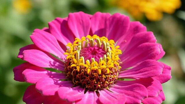 Closeup of a stunning magenta zinnia flower with a yellow center softly illuminated in natural sunlight against a blurred green background