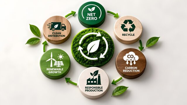 Circular sustainability diagram blocks displaying net zero and carbon reduction strategy around green grass core
