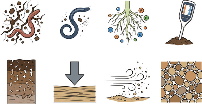 Soil science agriculture and organic farming vector elements set featuring earthworms plant roots nutrients tester probe texture and erosion