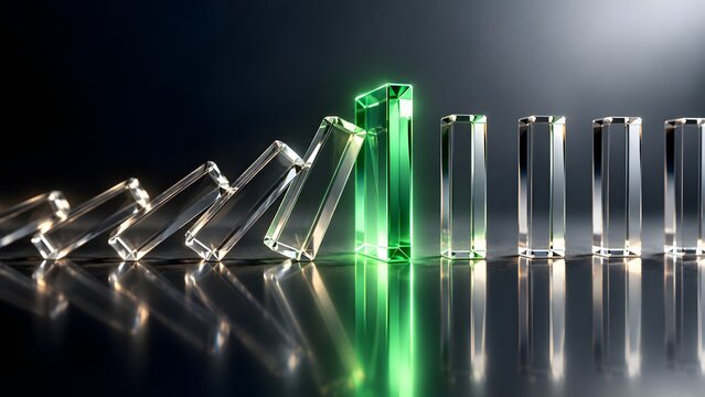 Glowing green glass block stopping falling clear dominoes representing risk management and business stability