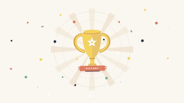 Golden trophy cup with victory banner and confetti celebration for business achievement and sports success