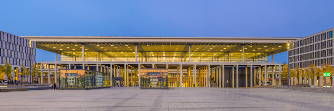 Berlin, Germany &ndash; September 27, 2026: Terminal of Berlin Brandenburg Airport at Blue Hour