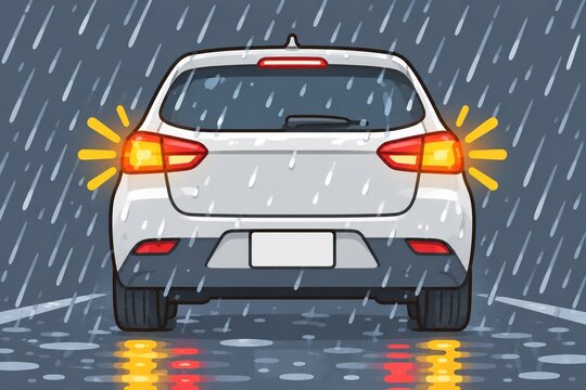 雨の夜道でハザードランプを点滅させている白い乗用車の後ろ姿イラスト