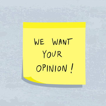 Consumer opinion concept. Product review and feedback concept. Yellow sticky note message. Paper sign.