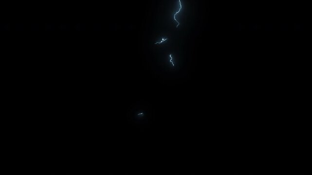 Bright electric lightning bolts flashing and striking against pitch black background during dramatic night storm