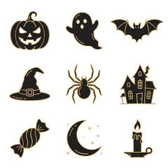 Fototapeta premium Black and gold Halloween icon set, luxury flat vector icons isolated on white background