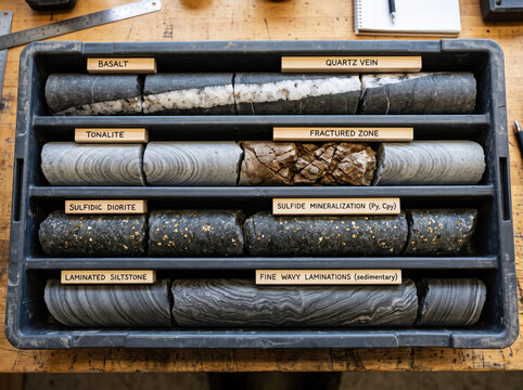 Labeled Rock Core Samples Showing Mineral Veins and Fractures