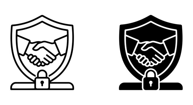 Secure Partnership Icons: Handshake Shield and Lock Vector Graphics, Business Agreement Symbols
