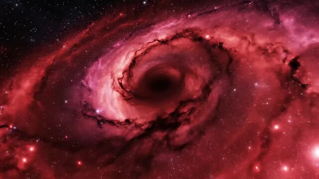 Red spiral galaxy nebula cosmic space background with black hole and distant stars in deep universe