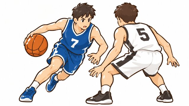 バスケットボールの試合中、ドリブルで相手をかわそうと対峙する男性選手二人のイラスト
