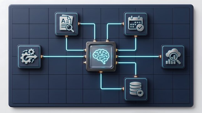 AI brain processing data from various digital icons and systems