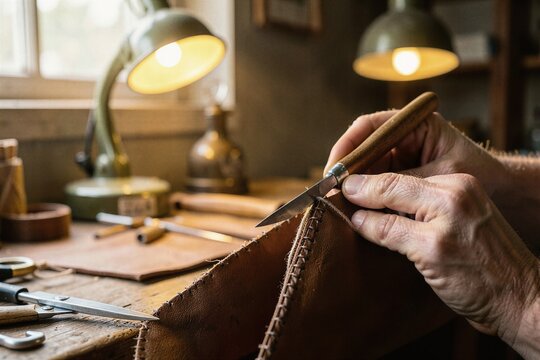 Artisan crafting bridle leather goods with traditional tools in warm workshop