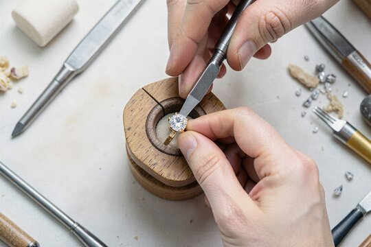 Professional Jeweler Setting a Diamond into a Gold Ring at Workbench