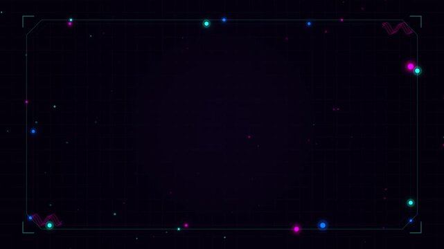 Futuristic tech HUD frame with glowing digital dots and grid background loop