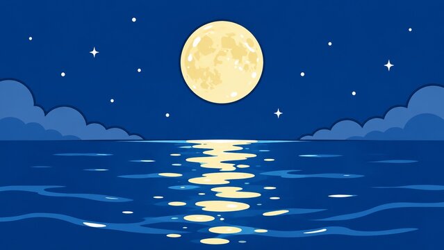 満月が照らす夜の海面に月光の道が広がる幻想的な風景イラスト