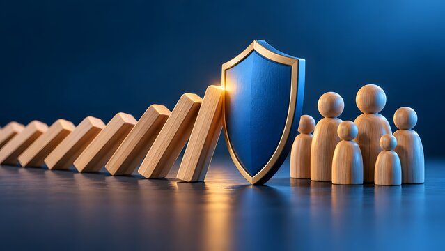 Blue security shield stopping falling wooden dominoes to protect family peg figures representing life insurance and social safety