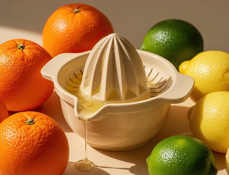 Juicer surrounded by fresh oranges, lemons, and limes creates vibrant scene. Juicer is light colored, glistening with juice. Fruits have bright colors and natural textures
