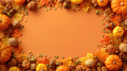 Fototapeta premium Autumn arrangement of pumpkins nuts leaves and seeds on a warm orange background