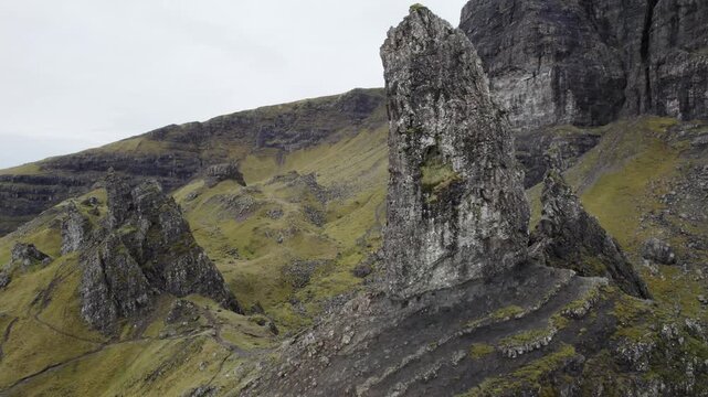 Close Drone Flyby of Old Man of Storr on Isle of Skye