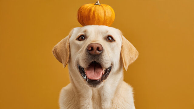 Happy labrador retriever dog with a small pumpkin on its head against a golden background