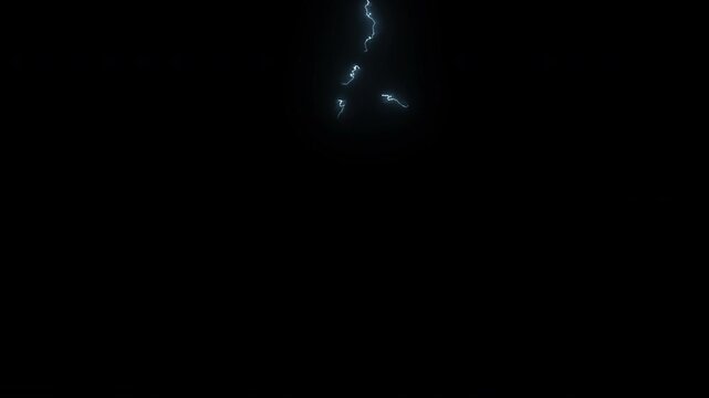 Realistic lightning bolts striking and flashing against a pitch black background with bright blue electric sparks
