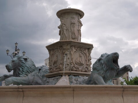 View of the Fountain of the Lions featuring bronze lion sculptures and intricate stone carvings in Skopje, Greater Skopje, North Macedonia.