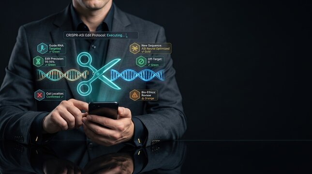 CRISPR gene editing concept with executive holding smartphone beside glowing DNA helix and precision biotechnology interface in dark futuristic workspace