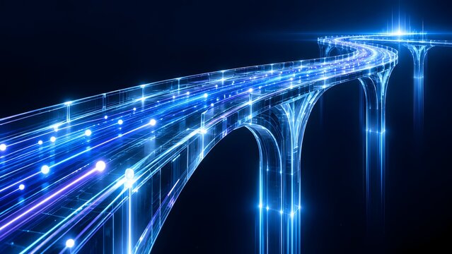 Elevated glowing digital bridge with blue light trails representing telecommunication network infrastructure and cyberspace data transfer