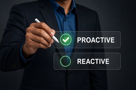 Professional man selecting proactive over reactive strategy with digital stylus interface