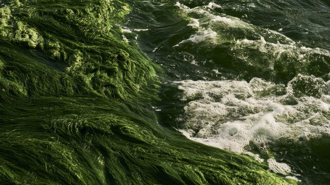 Dense algae mat floating on water surface showing algal bloom, eutrophication, nutrient pollution, and low oxygen conditions. Environmental degradation concept highlighting aquatic ecosystem imbalance