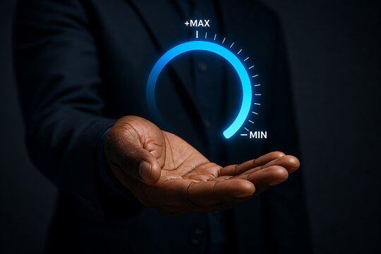 Man in a dark suit holds an open hand beneath a glowing blue digital volume knob