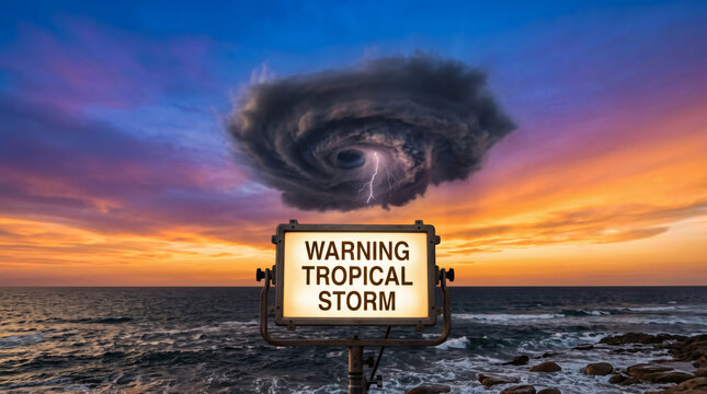 tropical storm warning light box sign against dramatic dark sky hurricane eye formation thundery mood severe weather alert concept for commercial use