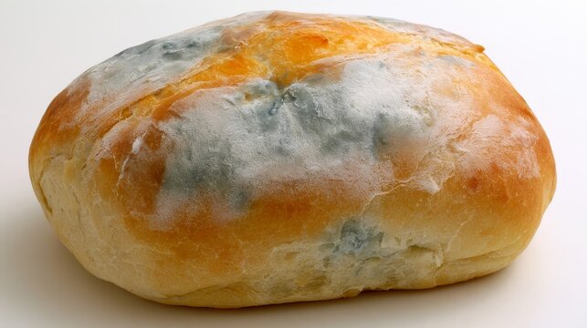 Moldy bread roll with fungal growth showing food waste, spoilage, contamination, and hygiene concerns. Rotten homemade bakery product highlighting decay and unhealthy food conditions