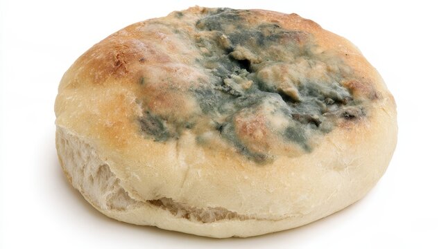 Moldy bread roll with fungal growth showing food waste, spoilage, contamination, and hygiene concerns. Rotten homemade bakery product highlighting decay and unhealthy food conditions
