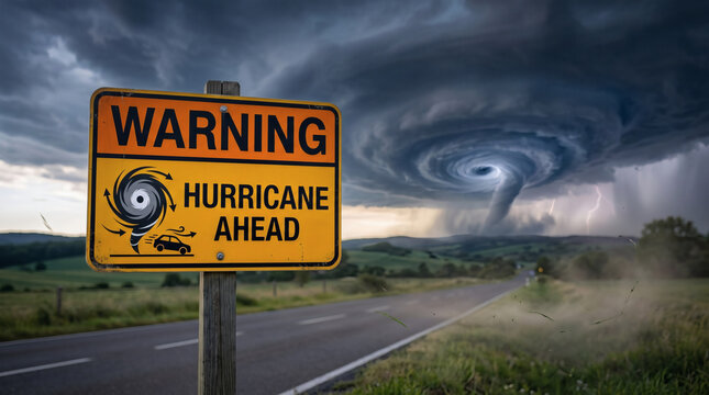 hurricane warning road sign at golden hour professional photorealistic storm alert banner with vibrant colors sharp details dramatic natural lighting for safety and weather concepts