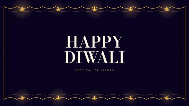 Happy Diwali Festival of Lights Greeting Card with Golden Border and Diya Lights on Dark Background