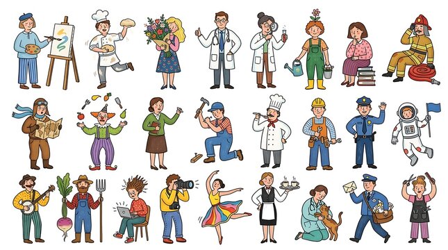 Hand drawn collection of various professions and occupations including doctor, chef, artist, and firefighter