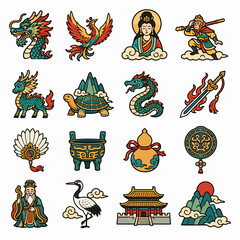 Obraz premium Traditional Asian mythology and Chinese cultural symbol icons.