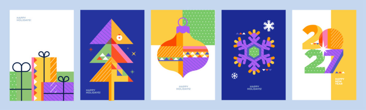 Merry Christmas and Happy New Year. Vector illustrations for holiday greeting card, poster, cover, website and social media banner, marketing material.