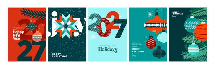 Obraz premium Merry Christmas and Happy New Year. Vector illustrations for holiday greeting card, poster, cover, website and social media banner, marketing material.