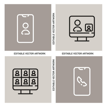  Minimalist online communication vector icon set, video conference call line art icons, digital meeting smartphone and computer graphic elements